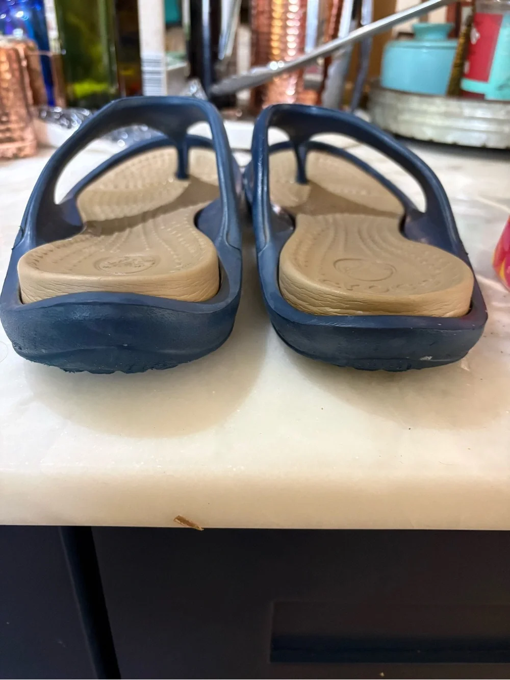 Crocs Blue/Tan Flip Flops Men 10/Women 12 Beach Pool Vacation Everyday